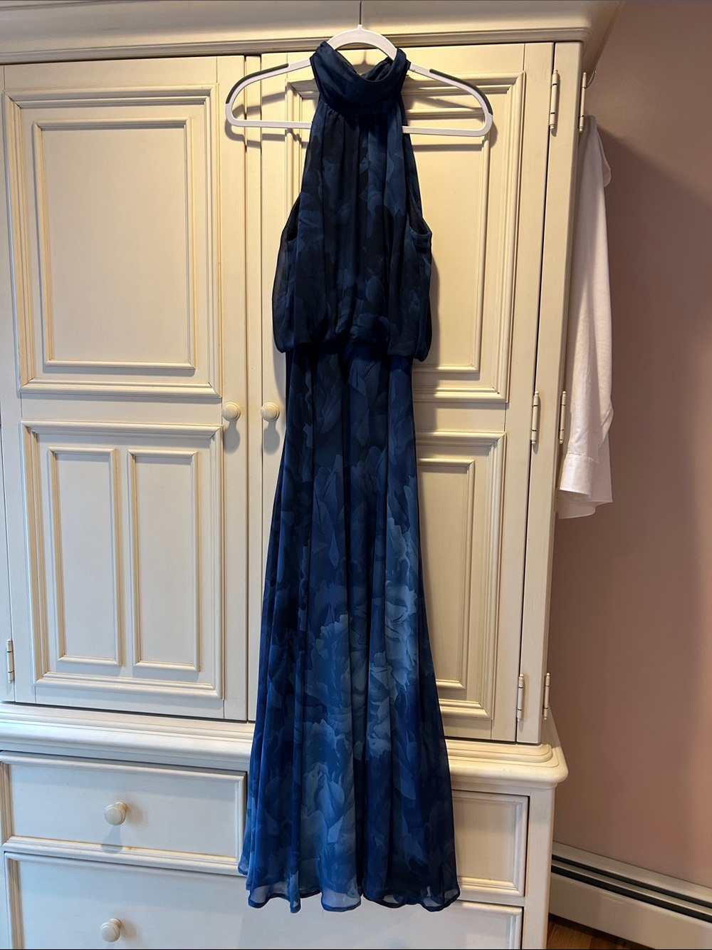 Betsy & Adam Navy Floral Halter Gown